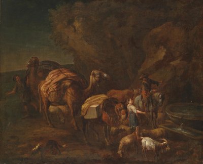 Orientalische Landschaft mit Kameltreibern und Viehhirten von Circle of Nicolaes Pieterszoon Berchem